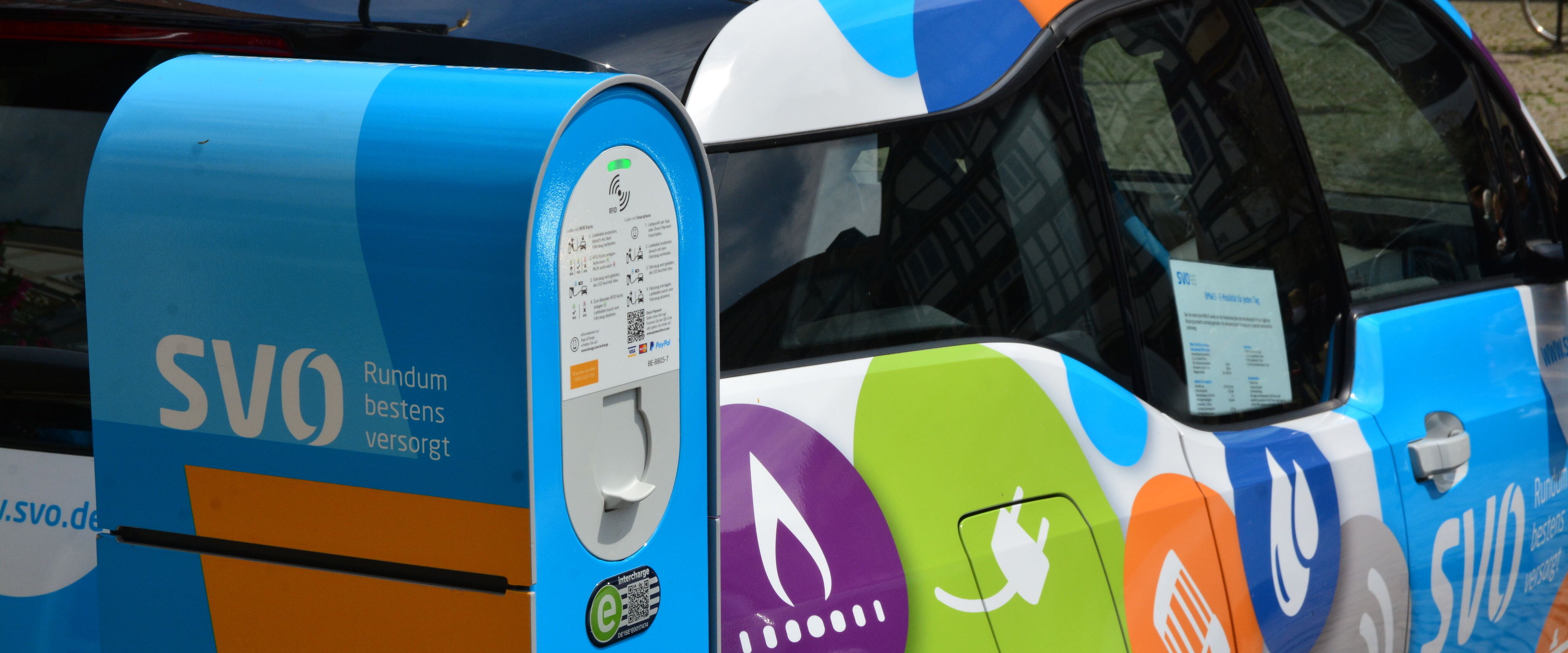 Foto zeigt ein Elektrofahrzeug der SVO-Gruppe, das mit dem Heck vor einer E-Ladesäule steht.