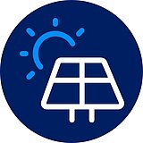 Weiß-Hellblaues Icon für Photovoltaik auf dunkelblauem Untergrund