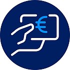 Icon Energiekosten sparen weiß-blaues Icon auf dunkelblauem Untergrund für Energiekosten sparen, Hand mit Geldschein