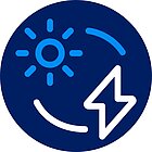 Icon Energiemanagement weiß-blaues Icon auf dunkelblauem Untergrund für Energiemanagement, Sonne und Blitz für Strom im Kreislauf
