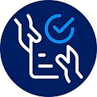 Icon Vertrag weiß-blaues Icon auf dunkelblauem Untergrund für Übernahme der Bürokratie, zwei Hände mit Vertragsdokument